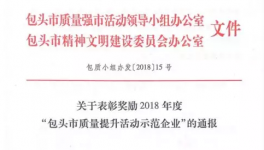 冀東水泥包頭公司喜獲2018年度“包頭市質(zhì)量提升活動(dòng)示范企業(yè)”稱號(hào)