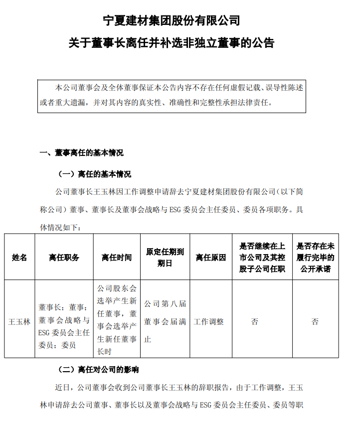 寧夏建材多位高管變動(dòng)！董事長(zhǎng)王玉林因工作調(diào)整離任！